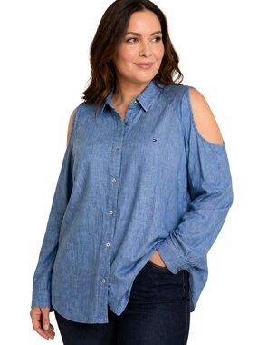 NWT, Tommy Hilfiger Cold Shoulder Chambray Button Down Shirt, XXL